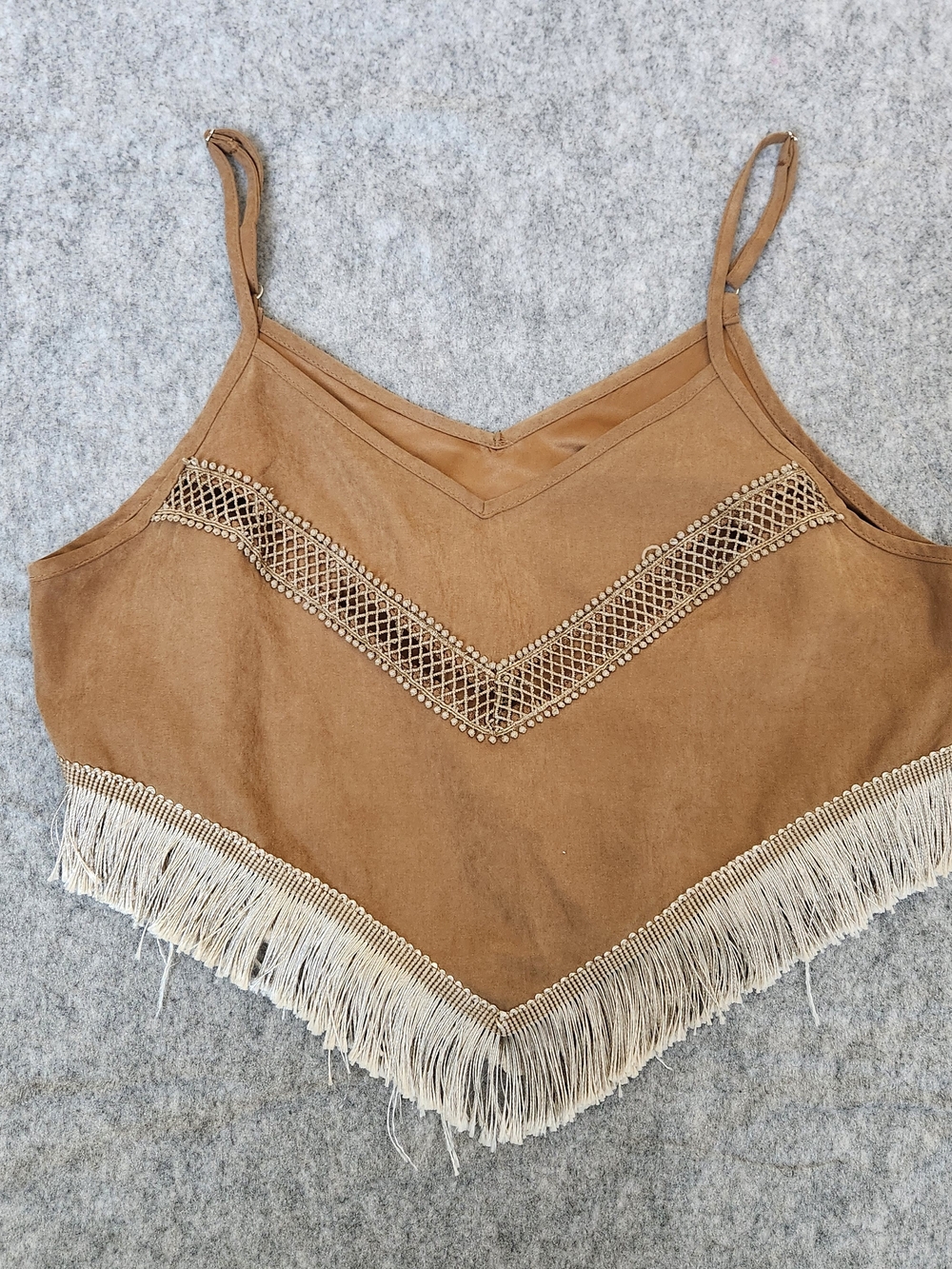 Western Faux Suede Fringe Embroidered Crop Top Women's L Brown Rodeo Dance  Sexy